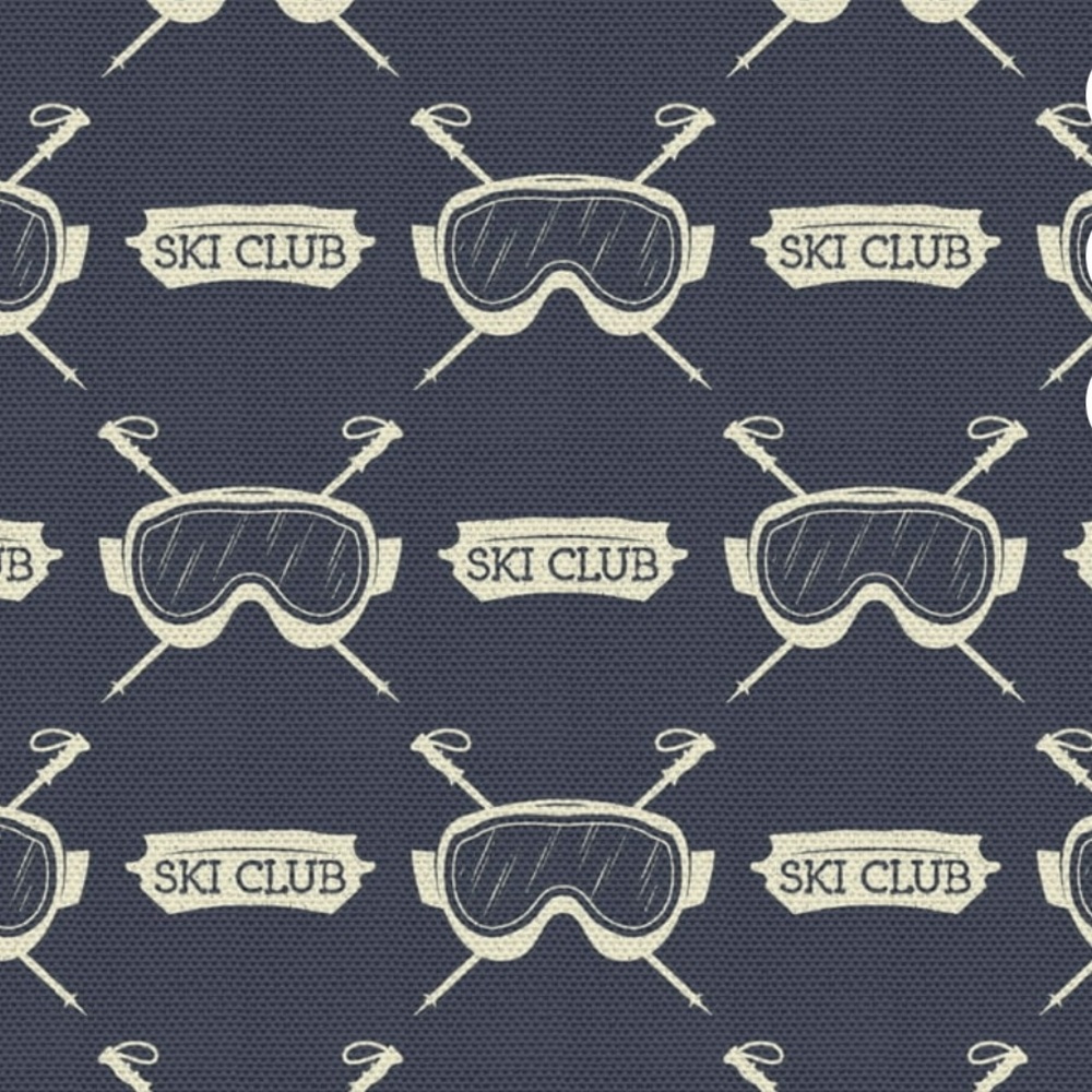 SKI CLUB Skiing Poles Goggles Upholstery Decorator Fabric Blue Gray 3 Yd x 58"